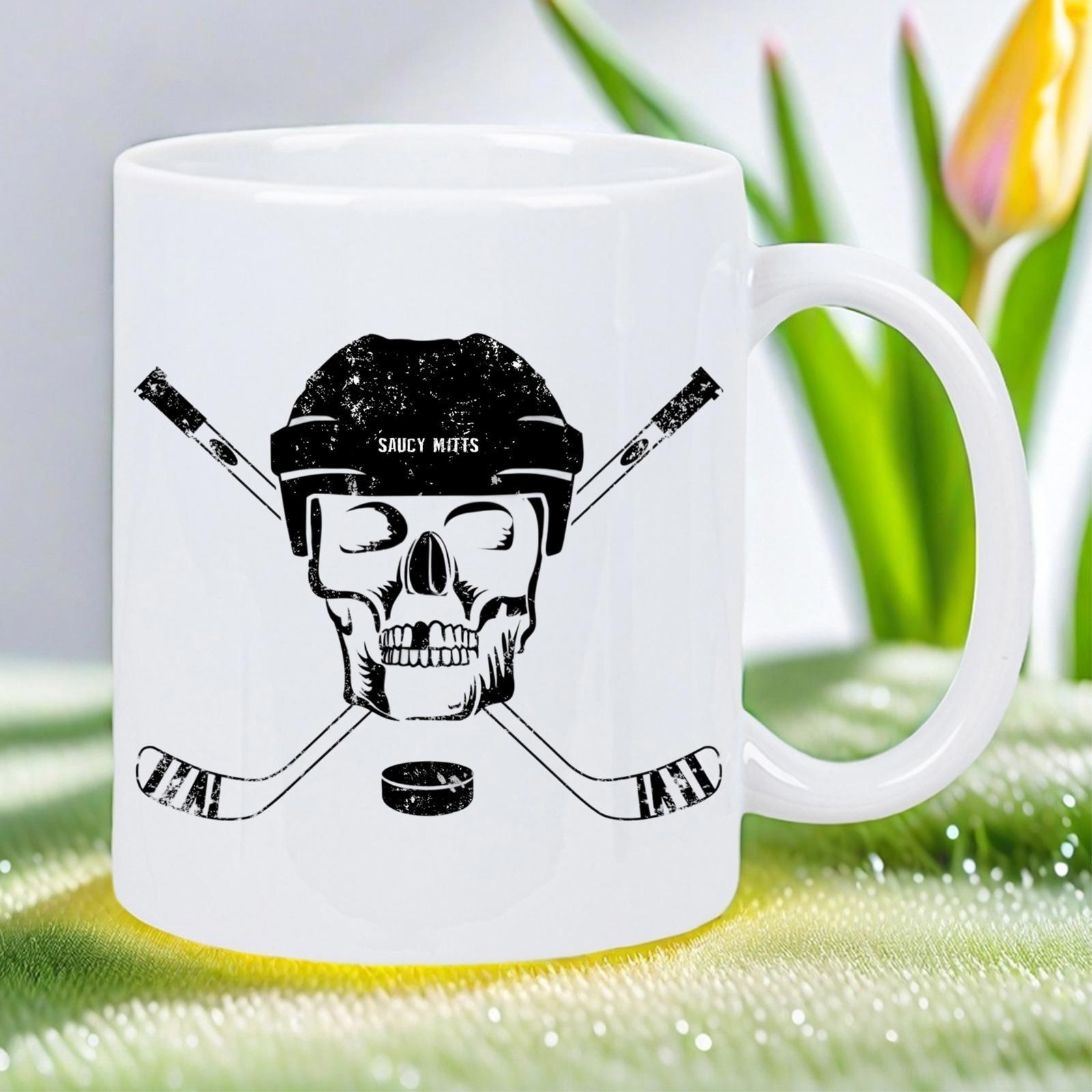 Tailorly White Ceramic 11 oz Mug - Intricate Black Graphic Featuring Crossed Sticks And Puck Beneath A Skull