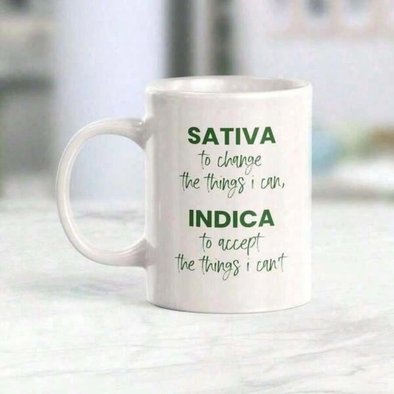 Tailorly White Ceramic 11 oz Mug - Sativa To Change The Things I Can Indica To Accept The Things I Can't Minimalist Layout Featuring Clean Bold Lettering And