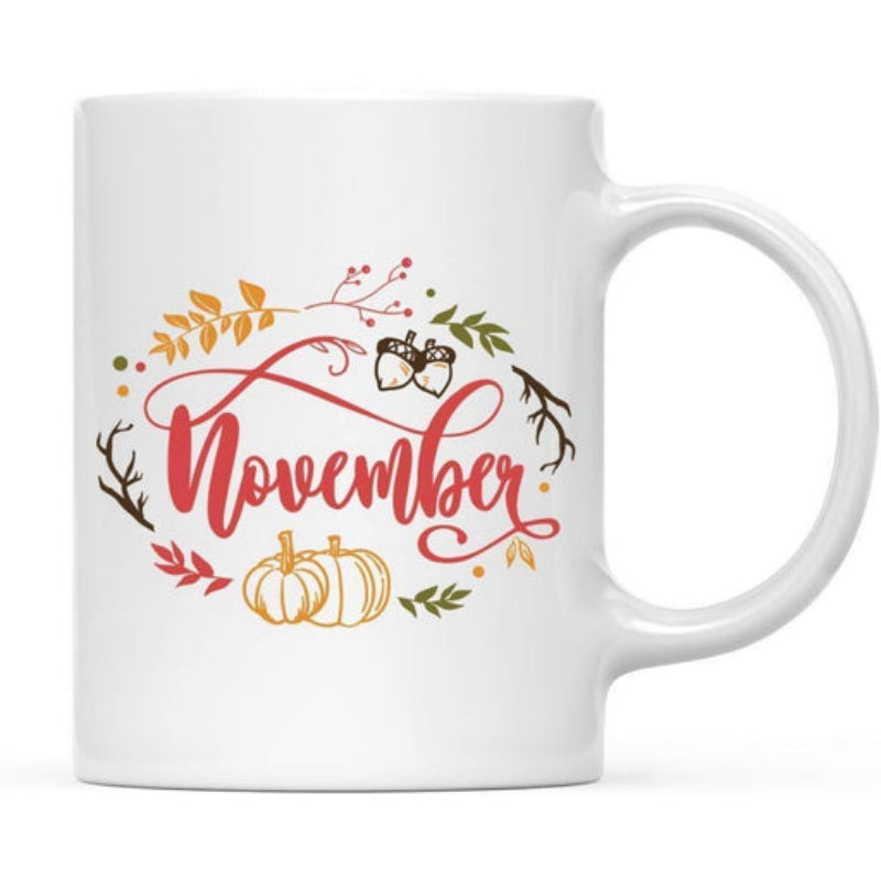 Tailorly White Ceramic 11 oz Mug - November Autumn Theme With Pumpkins And Acorns Among Delicate Falling Leaves Wreath
