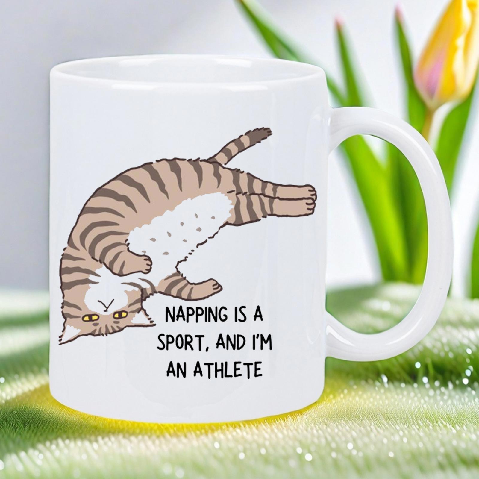 Tailorly White Ceramic 11 oz Mug - Napping Is A Sport And I'm An Athlete Chubby Brown Tabby Cat Lying Comfortably On Its Back Upside Down Cat