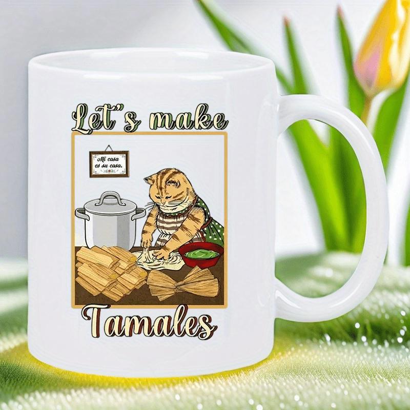 Tailorly White Ceramic 11 oz Mug - Let's Make Tamales Orange Tabby Cat Wearing Apron Preparing Traditional Mexican Food Cat
