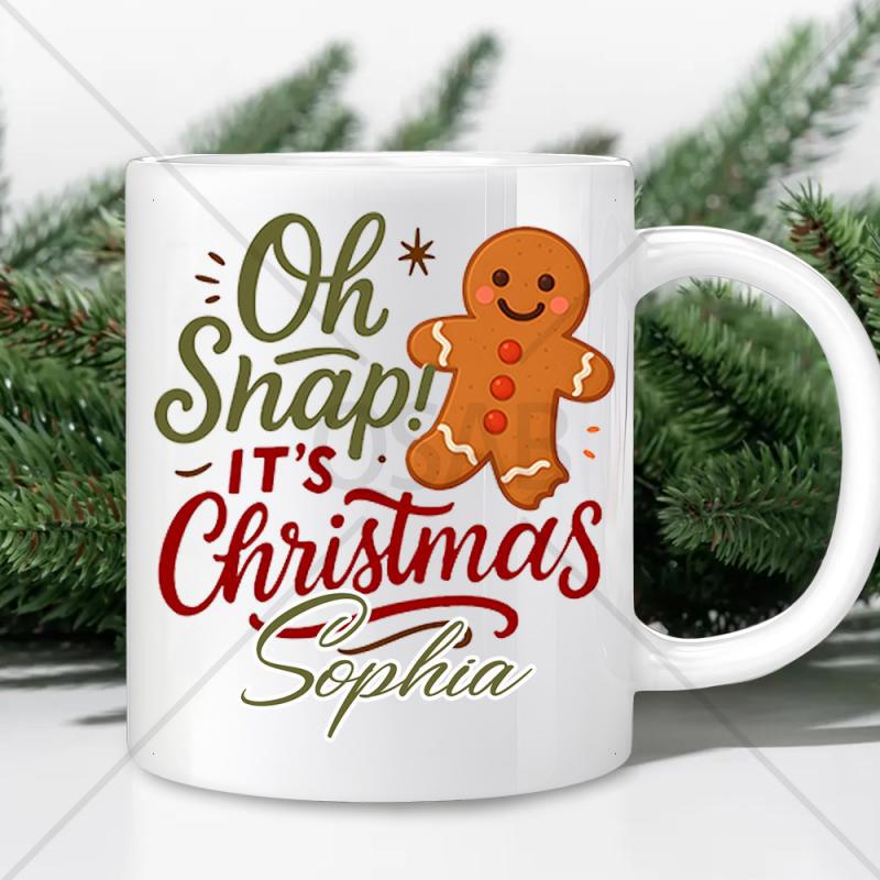 Tailorly White Ceramic 11 oz Mug - Oh Snap It Is Christmas Sophia Smiling Brown Ginger Man Wearing Icing Buttons Celebrating Festive Winter Holiday Season