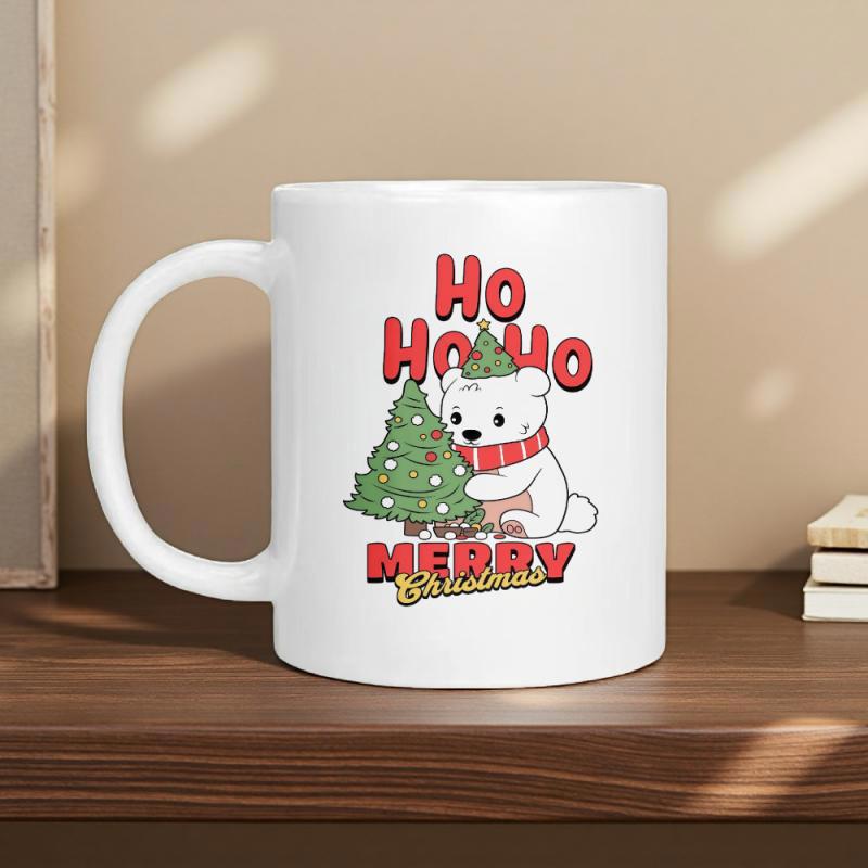 Tailorly White Ceramic 11 oz Mug - Ho Ho Ho Merry Christmas Cute Festive White Bear Hugging A Decorated Christmas Bear