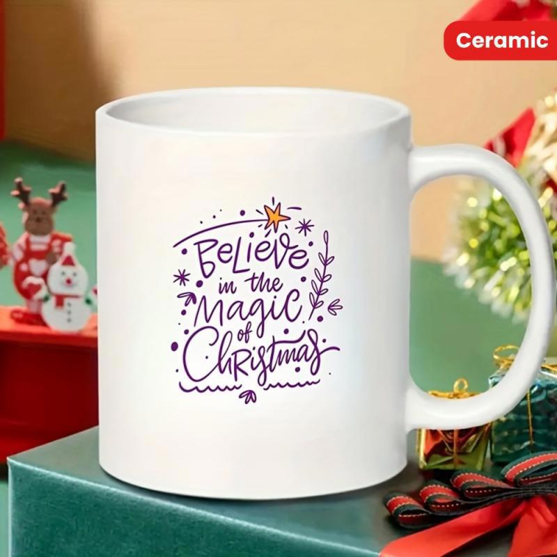 Tailorly White Ceramic 11 oz Mug - Believe In The Magic Of Christmas Festive Hand Lettered Design Featuring Dainty Stars And Snowflakes Mug