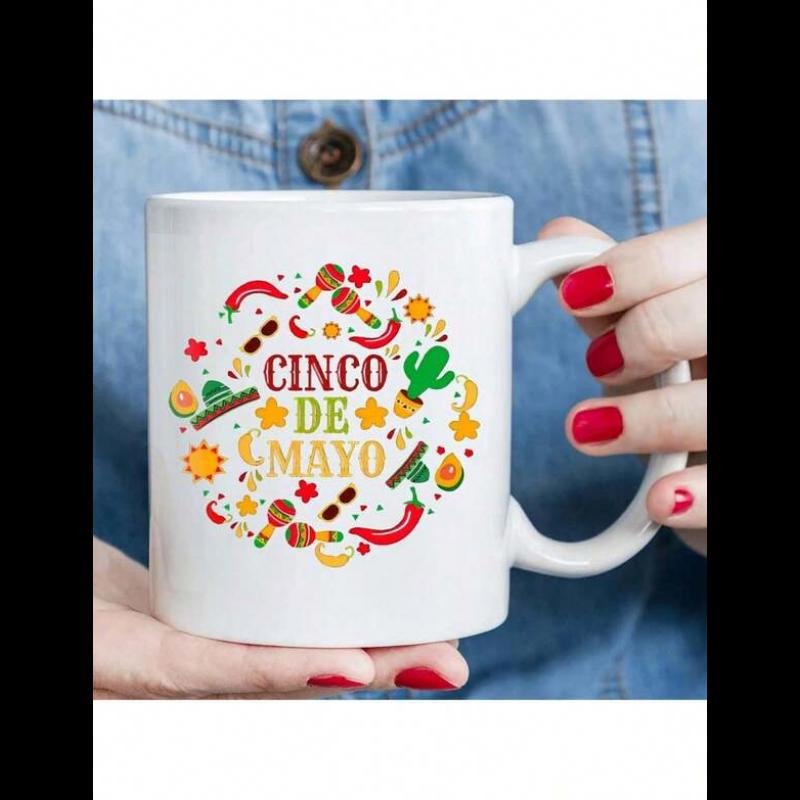 Tailorly White Ceramic 11 oz Mug - Cinco De Mayo Festive Colorful Traditional Mexican Icons Featuring Chili Peppers And Cactus Sombrero
