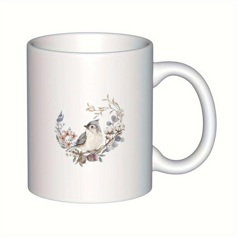 Tailorly White Ceramic 11 oz Mug - Delicate Watercolor Songbird Resting Among Elegant Soft Spring Floral Blossom Wreath Bird