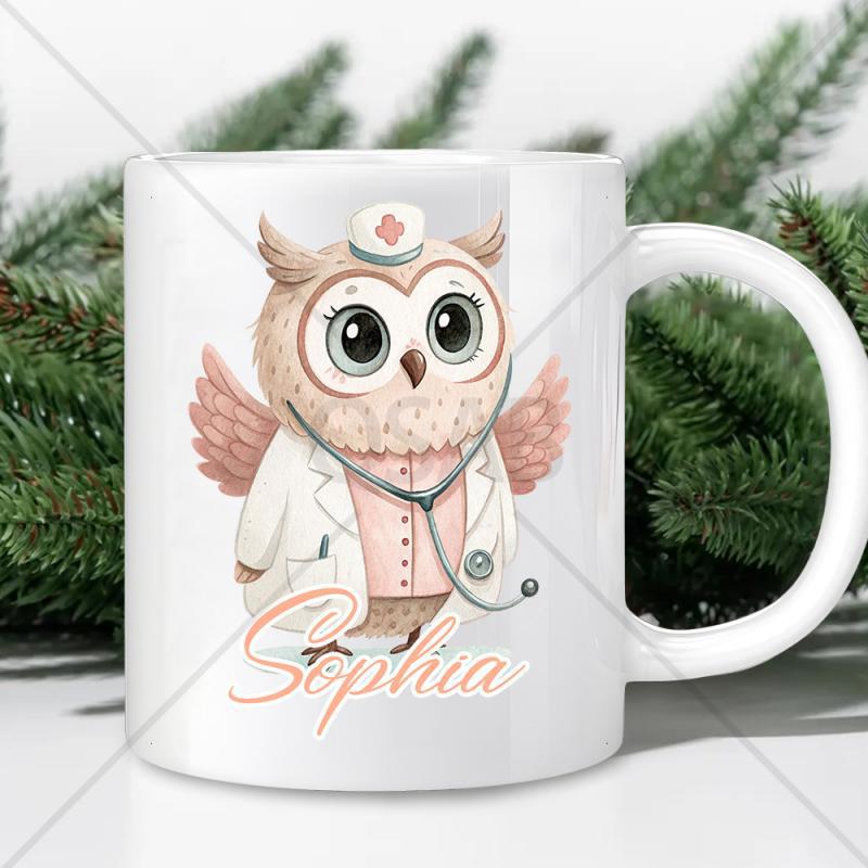 Tailorly White Ceramic 11 oz Mug - Sophia Cute Feathered Nurse Wearing Medical Uniform With Stethoscope And Wings Owl