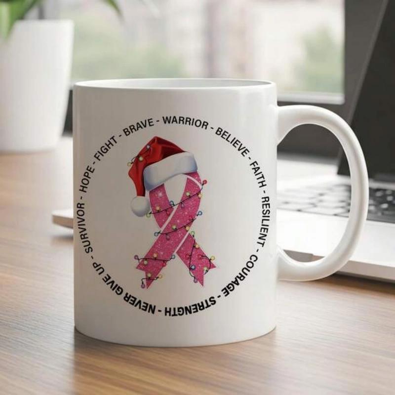 Tailorly White Ceramic 11 oz Mug - Survivor Hope Fight Brave Warrior Believe Faith Resilient Courage Strength Never Give Up Pink Awareness Motif Decorated With