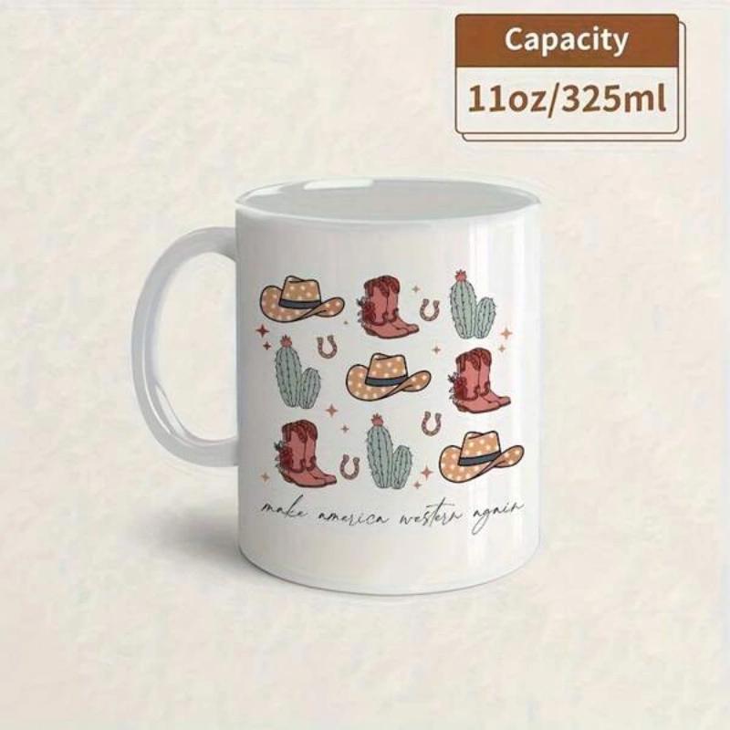 Tailorly White Ceramic 11 oz Mug - Make America Western Again Hand Drawn Style Pattern Featuring Cowboy Hats Boots And Cacti Mug