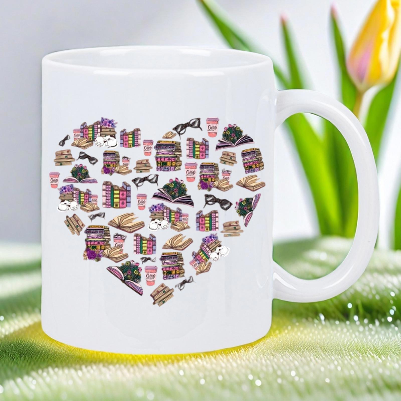 Tailorly White Ceramic 11 oz Mug - Artistic Collage Of Stacks Of Books And Spectacles Forming A Heart