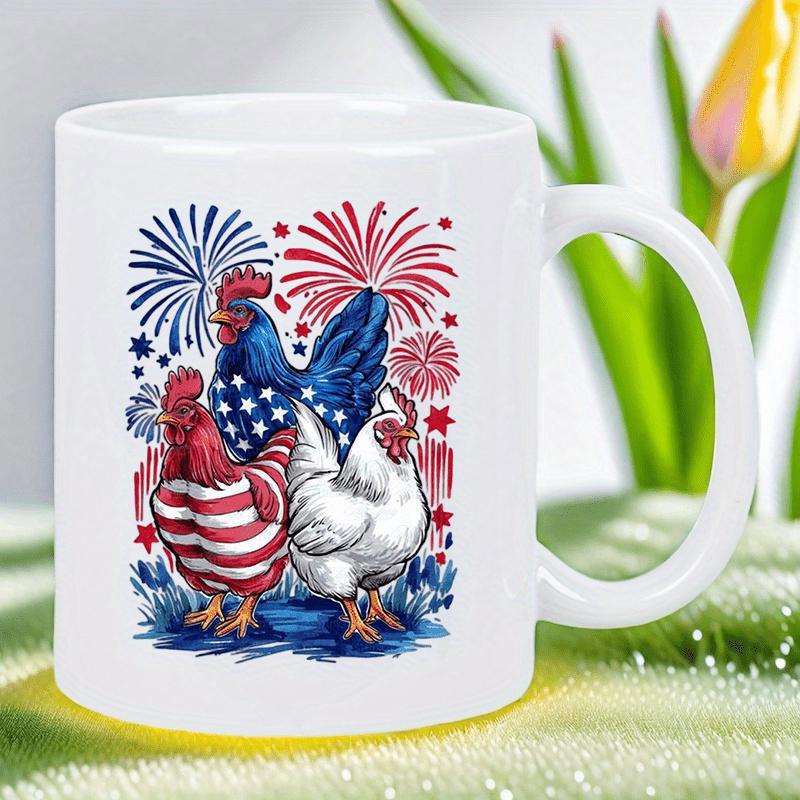 Tailorly White Ceramic 11 oz Mug - Three Patriotic Roosters With Stars And Stripes Among Exploding Colorful Fireworks Rooster