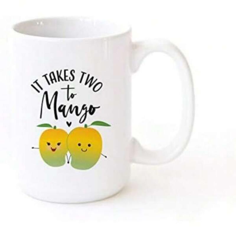 Tailorly White Ceramic 11 oz Mug - It Takes Two To Mango Two Cute Smiling Cartoon Fruits Holding Hands With Small Green Leaves Mango