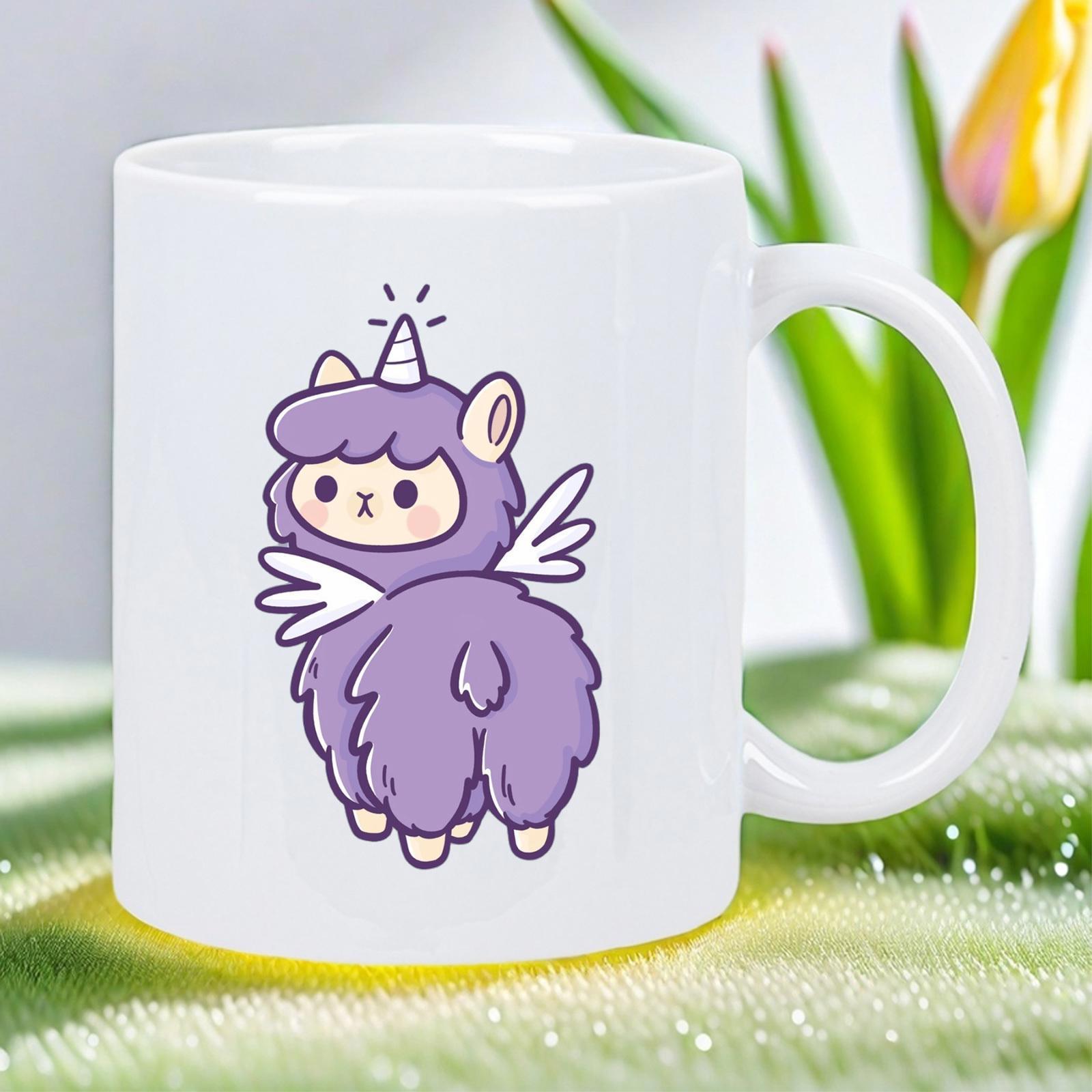 Tailorly White Ceramic 11 oz Mug - Purple Magical Mythical Creature With Small Wings And Shining Horn Alpaca