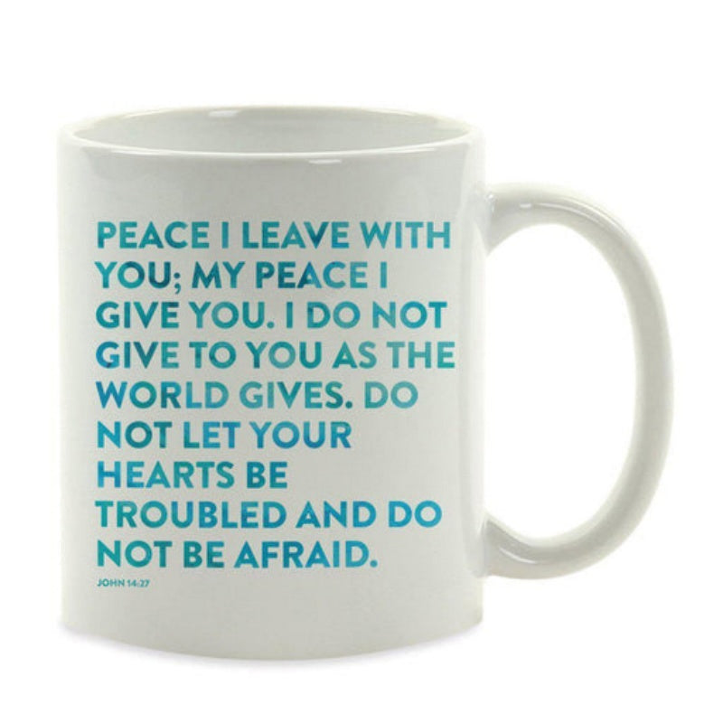Tailorly White Ceramic 11 oz Mug - Peace I Leave With You Simple White Ceramic Cup Featuring Teal Religious Typography Mug