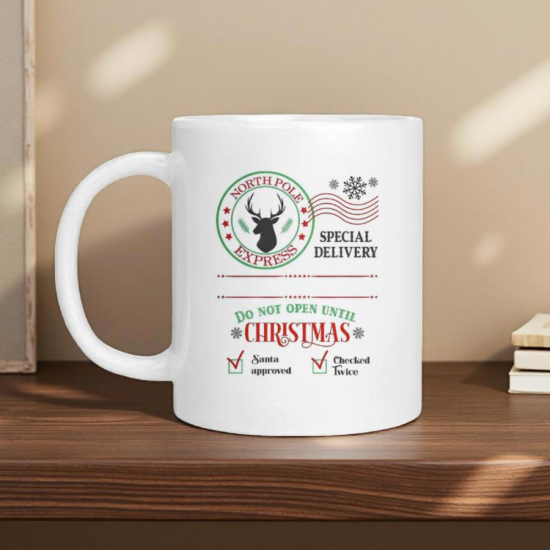Tailorly White Ceramic 11 oz Mug - North Pole Express Special Delivery Do Not Open Until Christmas Santa Approved Checked Twice Vintage Festive Postmark Stamp