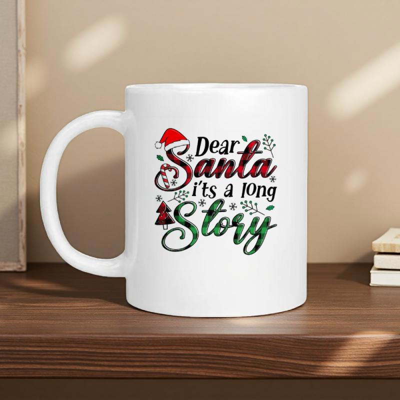 Tailorly White Ceramic 11 oz Mug - Dear Santa Its A Long Story Festive Christmas Typography With Red Plaid Texture And Tree Icons Mug