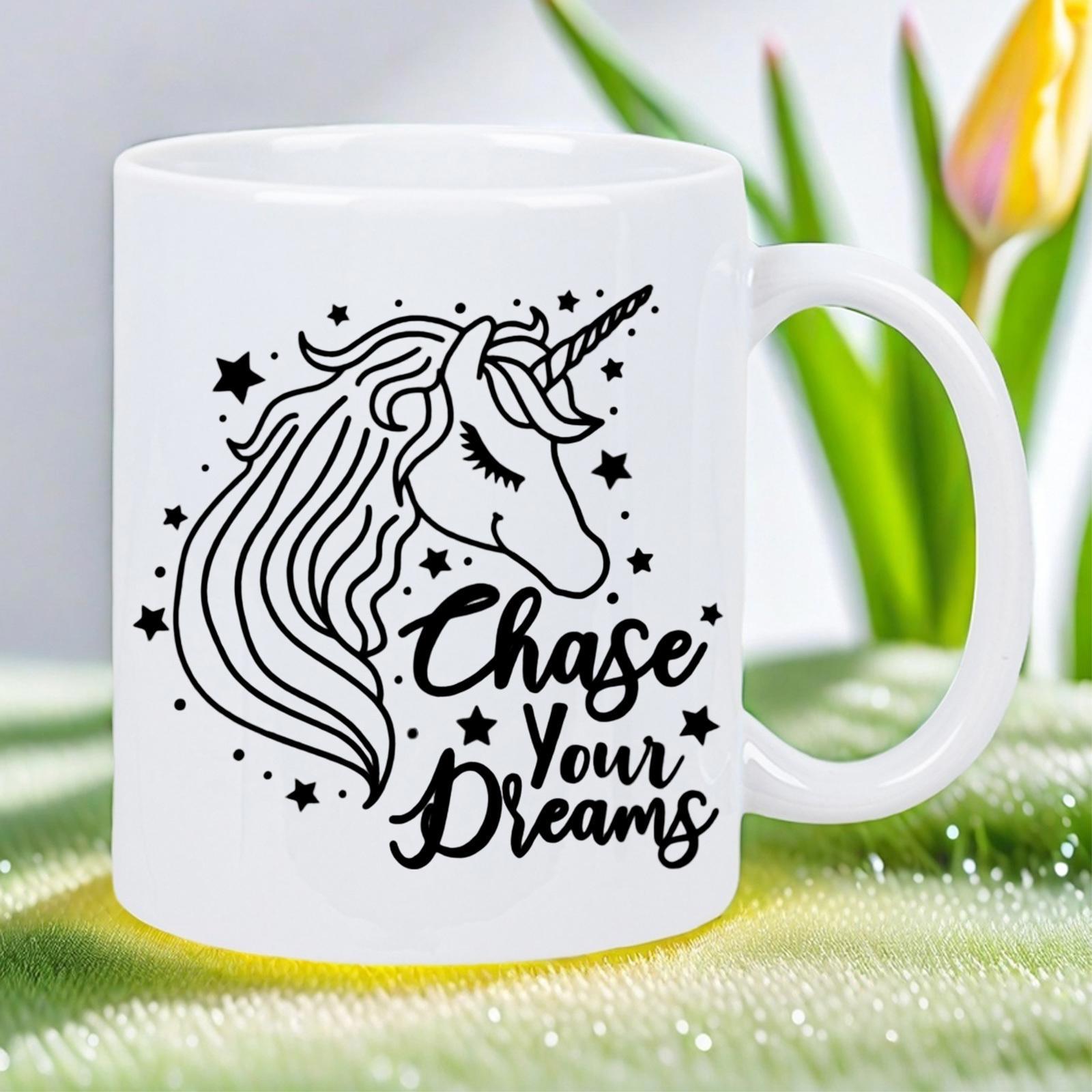 Tailorly White Ceramic 11 oz Mug - Chase Your Dreams Elegant Line Art Stylized Mane Surrounded By Twinkling Stars Unicorn