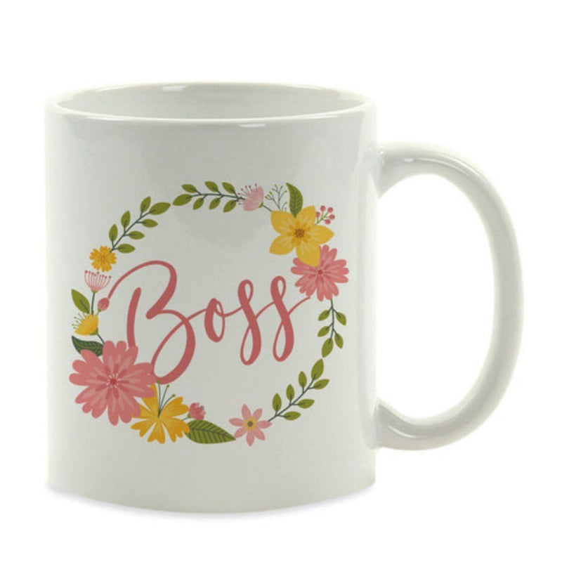 Tailorly White Ceramic 11 oz Mug - Boss Elegant Script Surrounded By Colorful Spring Flowers And Green Leaves Wreath