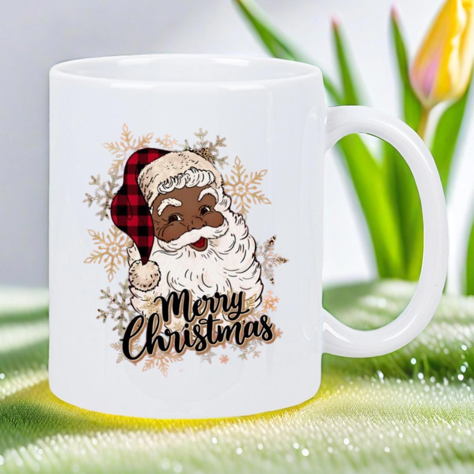 Tailorly White Ceramic 11 oz Mug - Merry Christmas Festive Black Figure Wearing Buffalo Plaid Hat Surrounded By Golden Snowflakes Santa Claus
