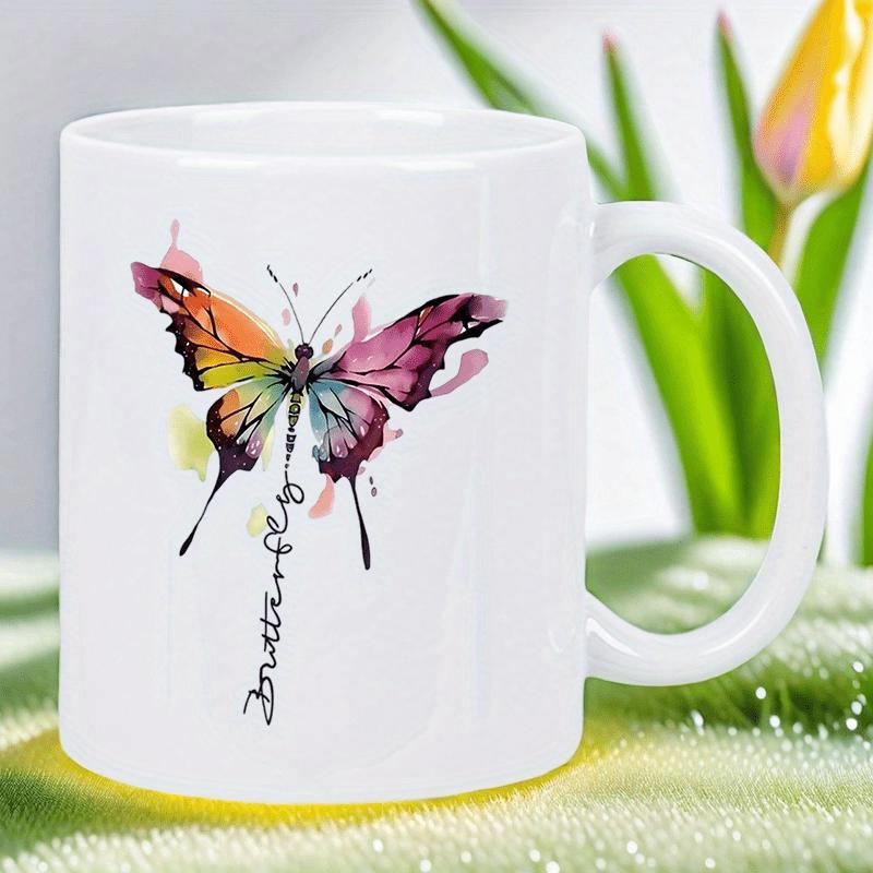 Tailorly White Ceramic 11 oz Mug - Butterfly Vibrant Watercolor Wings With Artistic Splatters Floating Among Nature Butterfly
