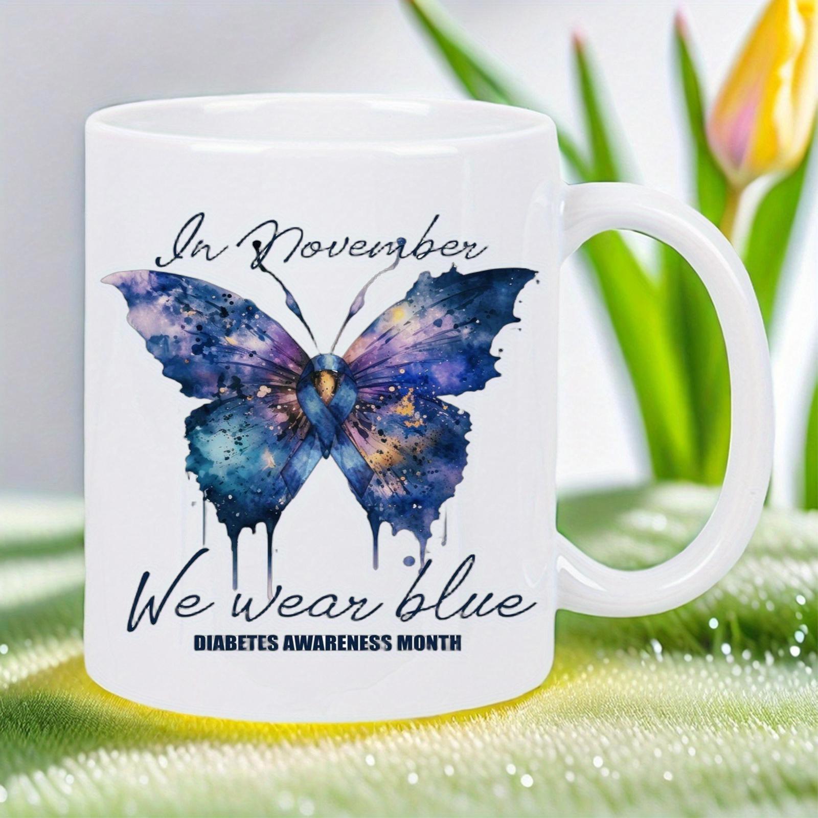 Tailorly White Ceramic 11 oz Mug - In November We Wear Blue Diabetes Awareness Month Vibrant Blue Watercolor Wings With Dripping Paint Textures Under Elegant
