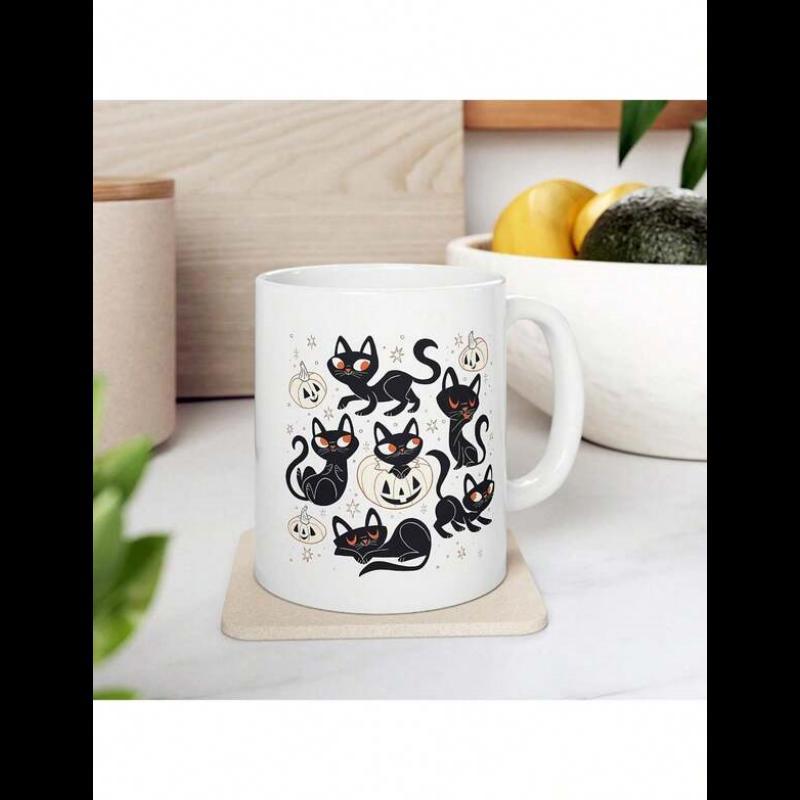 Tailorly White Ceramic 11 oz Mug - Cute Black Kittens Sitting Among Halloween Pumpkins Under Twinkling Stars Cat