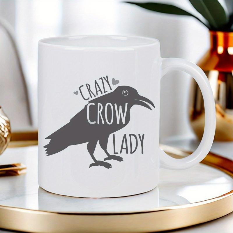 Tailorly White Ceramic 11 oz Mug - Crazy Crow Lady Minimalist Dark Feathered Bird Silhouette Standing Calmly With Simple Heart Accents Crow