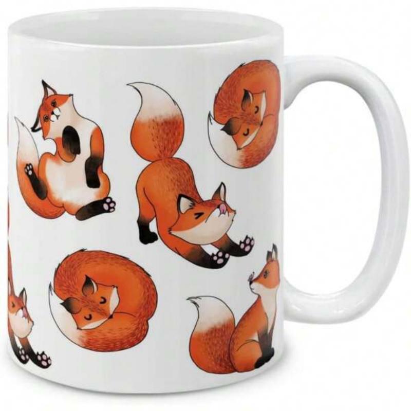 Tailorly White Ceramic 11 oz Mug - Charming Little Red Foxes Stretching And Resting In Playful Poses Fox