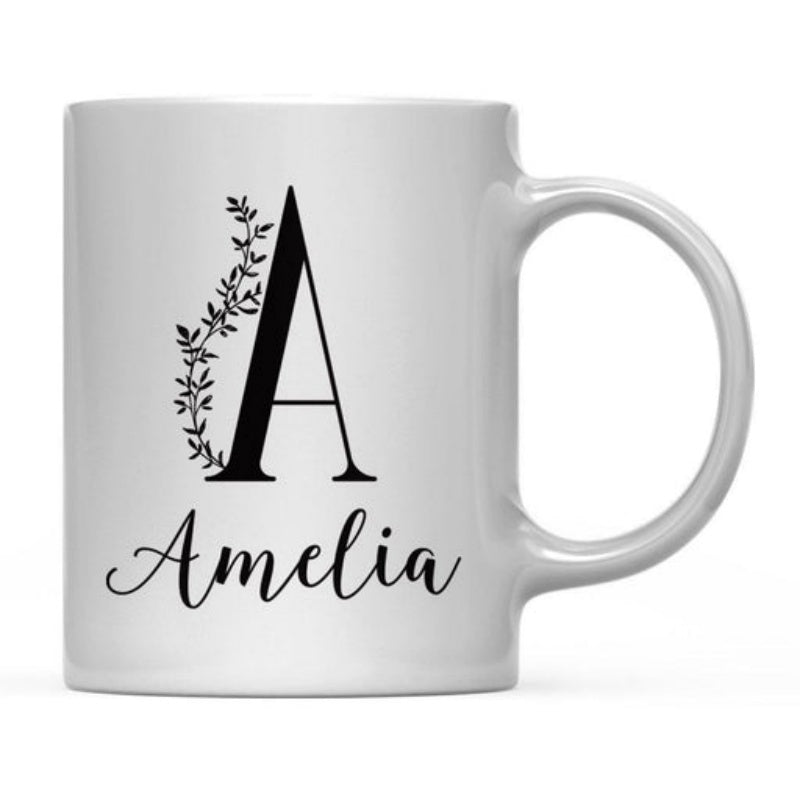 Tailorly White Ceramic 11 oz Mug - Amelia Minimalist Black Serif Letter With Delicate Botanical Leafy Vine Detail Letter