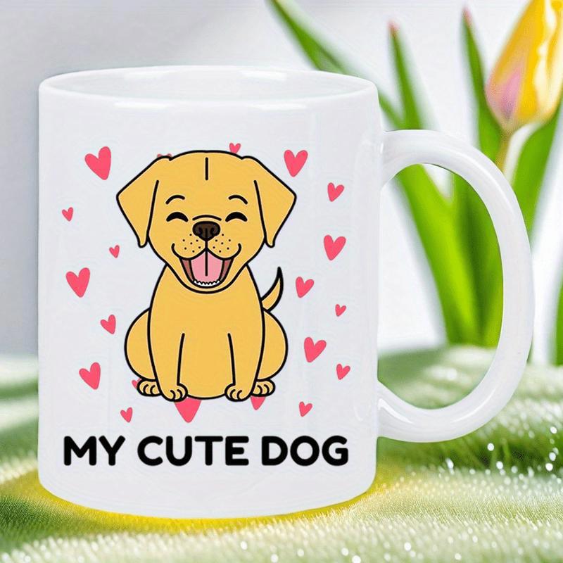Tailorly White Ceramic 11 oz Mug - My Cute Dog Happy Cartoon Golden Puppy Sitting Among Floating Pink Love Hearts Dog