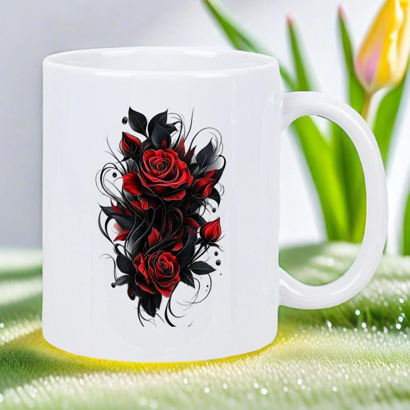 Tailorly White Ceramic 11 oz Mug - Artistic Red Roses Surrounded By Gothic Black Swirls And Elegant Leaves Rose