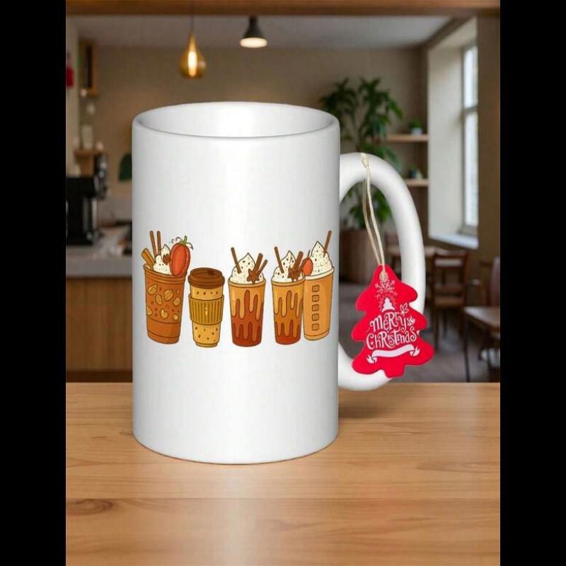 Tailorly White Ceramic 11 oz Mug - Merry Christmas Assorted Iced Coffee Treats With Sweet Cream And Cinnamon Sticks Beverage
