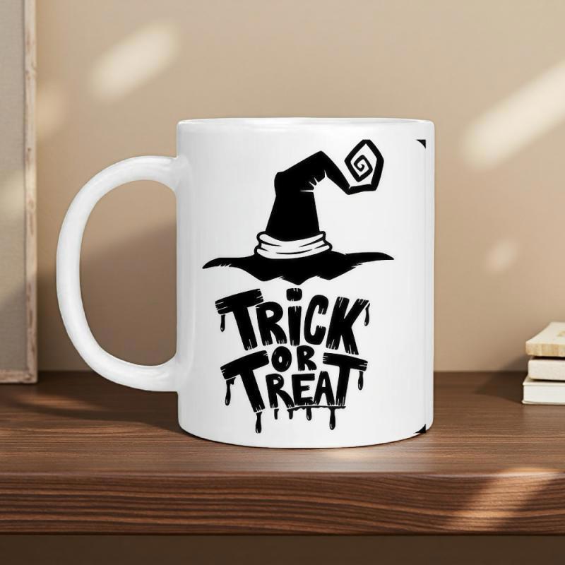 Tailorly White Ceramic 11 oz Mug - Trick Or Treat Mystical Spooky Black Silhouette With Curled Tip And Dripping Gothic Letters Hat