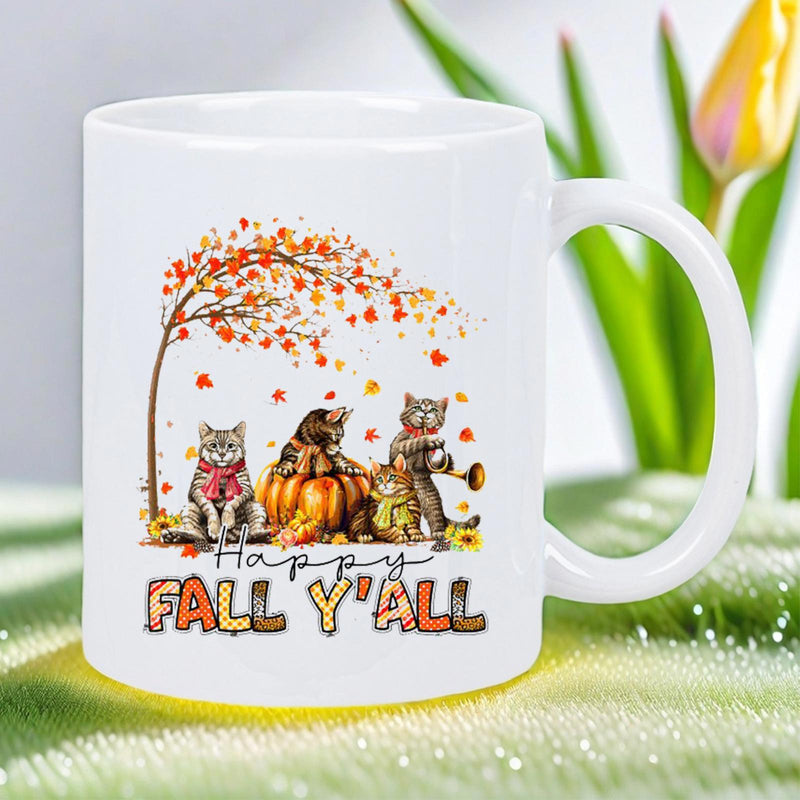 Tailorly White Ceramic 11 oz Mug - Happy Fall Y All Whimsical Cats Sitting Among Golden Autumn Leaves And Seasonal Harvest Pumpkin
