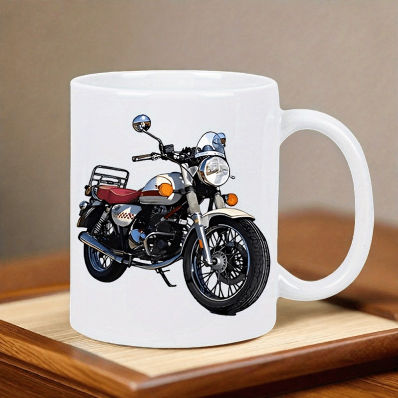 Tailorly White Ceramic 11 oz Mug - Classic Vintage Cruiser Parked On A Road With Chrome Details Motorcycle