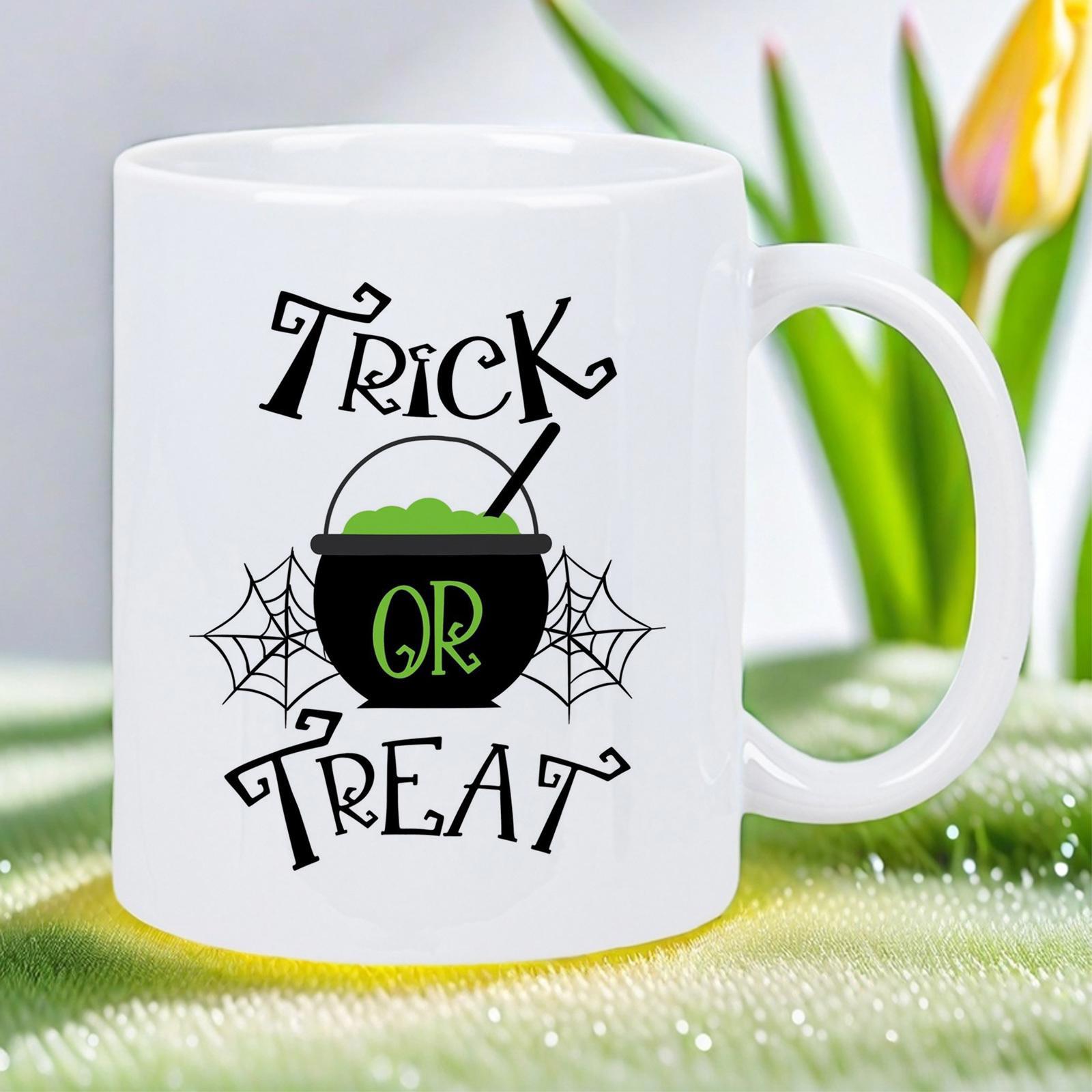 Tailorly White Ceramic 11 oz Mug - Trick Or Treat Spooky Black Witch Cauldron Bubbling With Green Potion And Spider Webs Cauldron