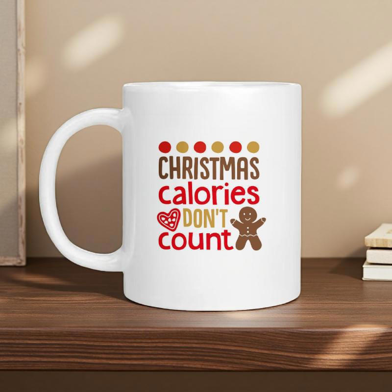 Tailorly White Ceramic 11 oz Mug - Christmas Calories Don't Count Festive Red And Gold Dots Above A Cute Gingerbread Man