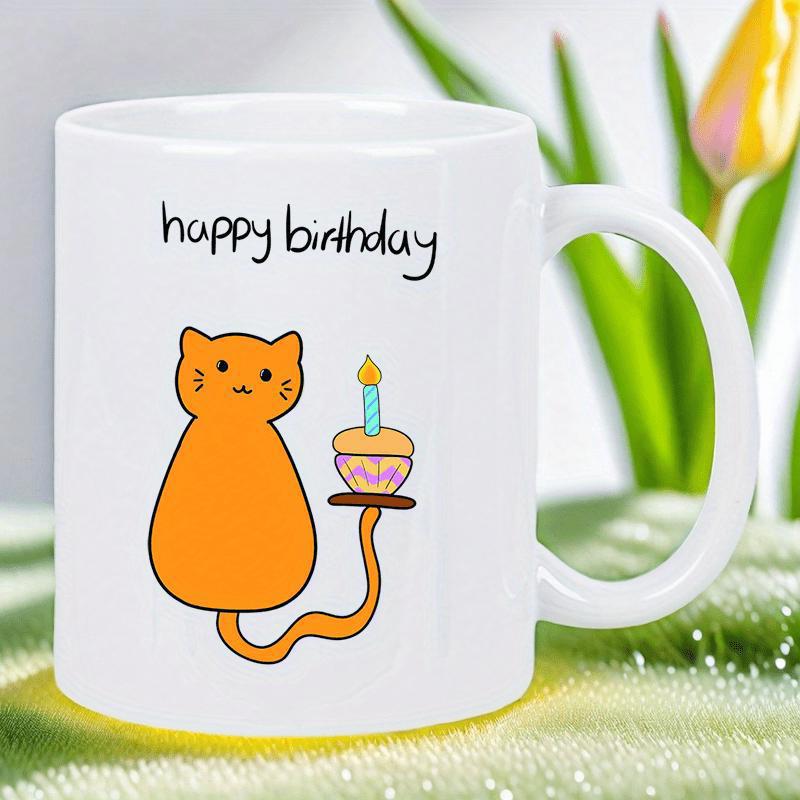 Tailorly White Ceramic 11 oz Mug - Happy Birthday Adorable Orange Hand Drawn Cartoon Cat Holding A Small Cupcake With Candle Cat