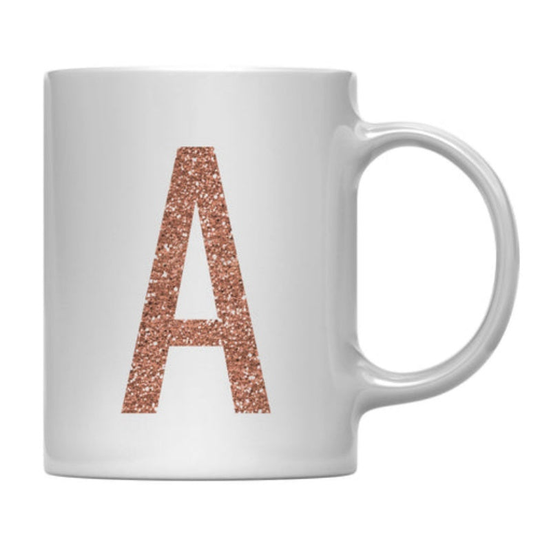 Tailorly White Ceramic 11 oz Mug - A Shimmering Rose Gold Glitter Texture Creating A Bold Minimalist Monogram Mug