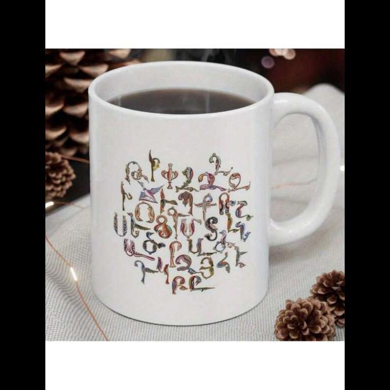 Tailorly White Ceramic 11 oz Mug - Ancient Script Symbols Arranged In A Circular Pattern With Earthy Tones Mug