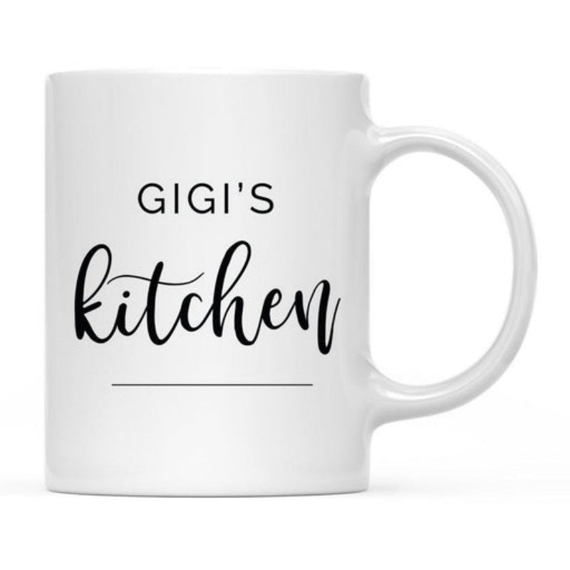 Tailorly White Ceramic 11 oz Mug - Gigis Kitchen Minimalist White Background Featuring Elegant Black Cursive Script And Solid Line Mug