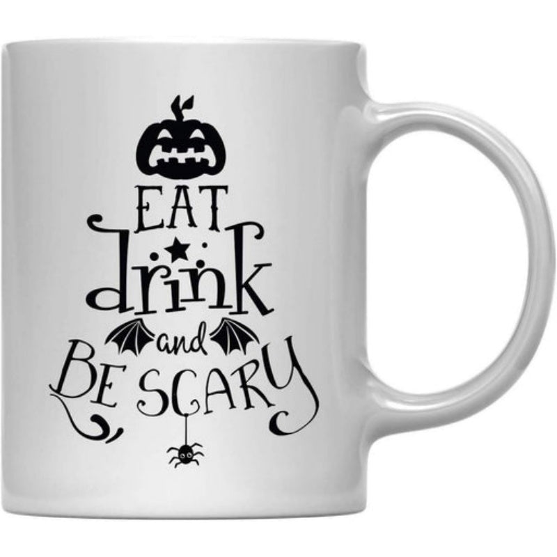 Tailorly White Ceramic 11 oz Mug - Eat Drink And Be Scary Spooky Festive Elements With Carved Pumpkin And A Small Spider Pumpkin