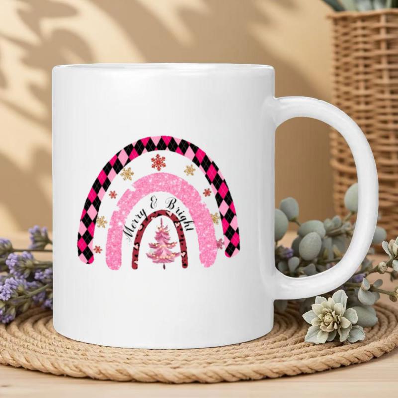 Tailorly White Ceramic 11 oz Mug - Merry Bright Festive Pink Boho Christmas Tree With Sparkling Snowflakes And Checkerboard Pattern Rainbow