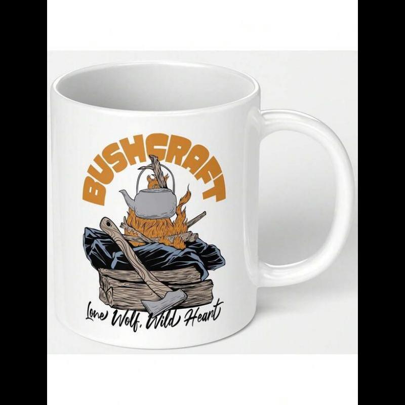 Tailorly White Ceramic 11 oz Mug - Bushcraft Lone Wolf Wild Heart Rustic Outdoor Survival Gear With Boiling Kettle Over Crackling Fire Axe
