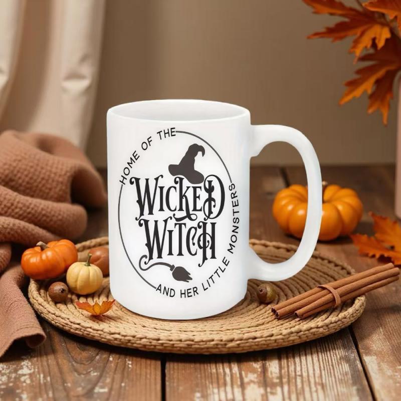 Tailorly White Ceramic 11 oz Mug - Home Of The Wicked Witch And Her Little Monsters Spooky Black Silhouette Witch Hat And Flying Broom Within Simple Oval Frame Mug