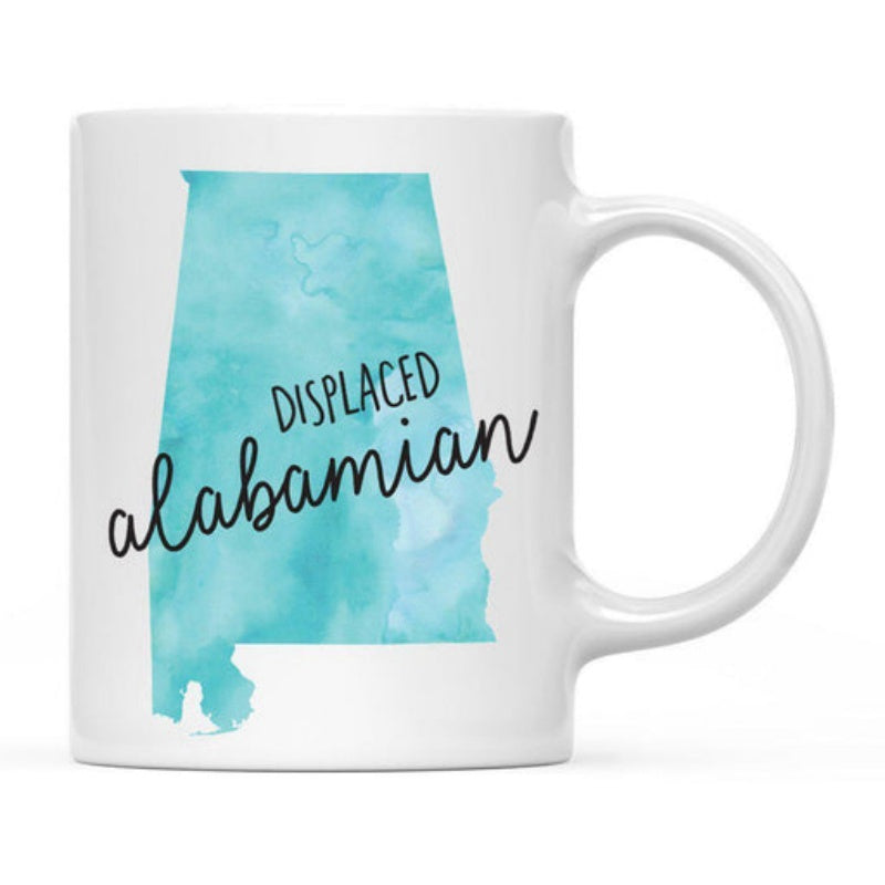 Tailorly White Ceramic 11 oz Mug - Displaced Alabamian Teal Watercolor Texture Featuring A Detailed Geographic State Outline Silhouette Map