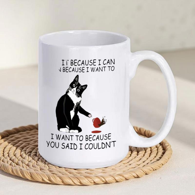Tailorly White Ceramic 11 oz Mug - I Because I Can Because I Want To I Want To Because You Said I Couldnt Mischievous Tuxedo Cat Knocking Over A Glass Of Wine Cat