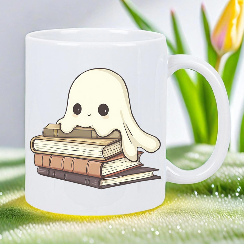 Tailorly White Ceramic 11 oz Mug - Minimalist Cute Cartoon Ghost Resting On A Stack Of Vintage Books Ghost