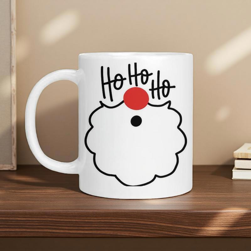 Tailorly White Ceramic 11 oz Mug - Ho Ho Ho Minimalist Wavy White Beard Featuring A Bright Red Round Nose Santa