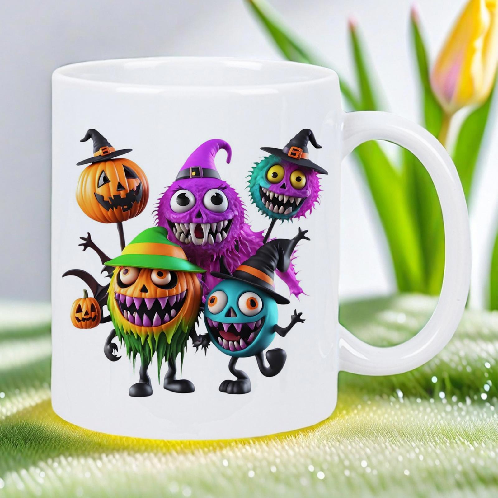 Tailorly White Ceramic 11 oz Mug - Vibrant Spooky Halloween Creatures Wearing Witch Hats With Sharp Tooth Grins Monsters